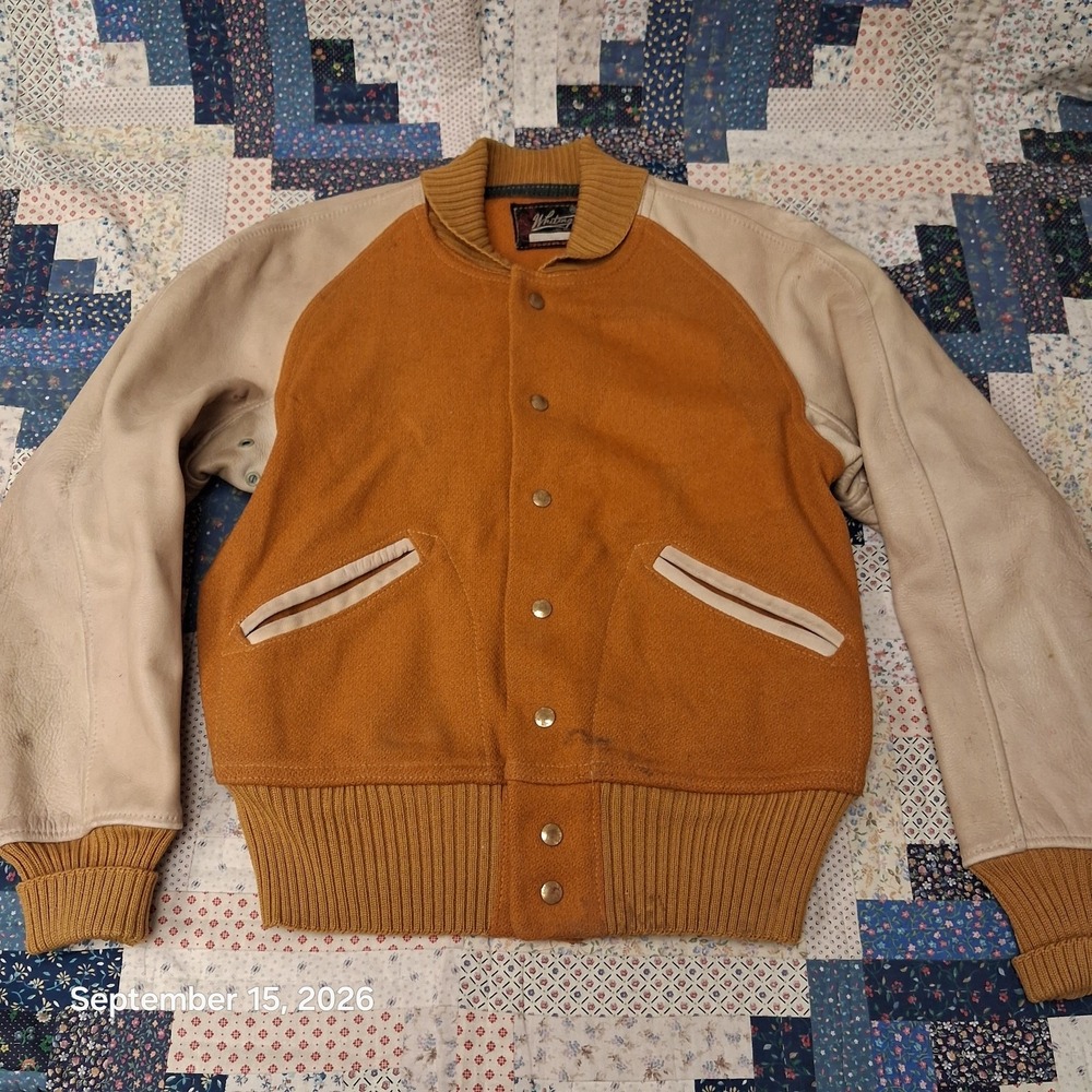 True Vintage 50s 60s Whiting Wool Leather Varsity Jacket Mens 40 M Gold Cream
